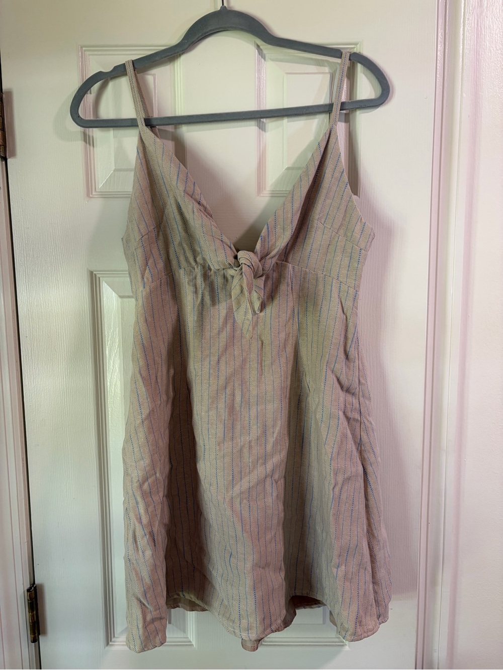 Women’s Striped Tie-Front Slip Dress in tan with blue stripes